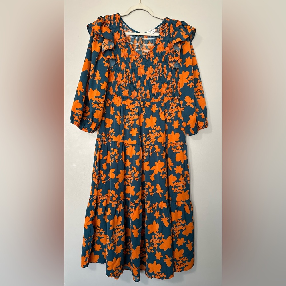 Umgee Maxi Dress Teal and Orange Floral Smocked Bodice Long Sleeve Women’s Large